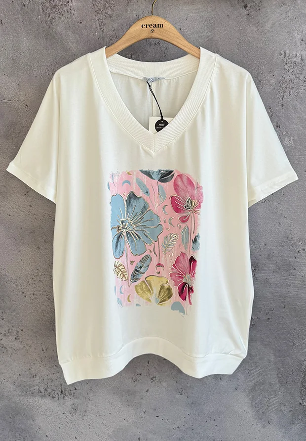 MEGI BIAŁA BLUZKA T-SHIRT W KWIATY / CUKIERKOWY RÓŻ & JASNO NIEBIESKI & FUKSJA / PLUS SIZE / B2988