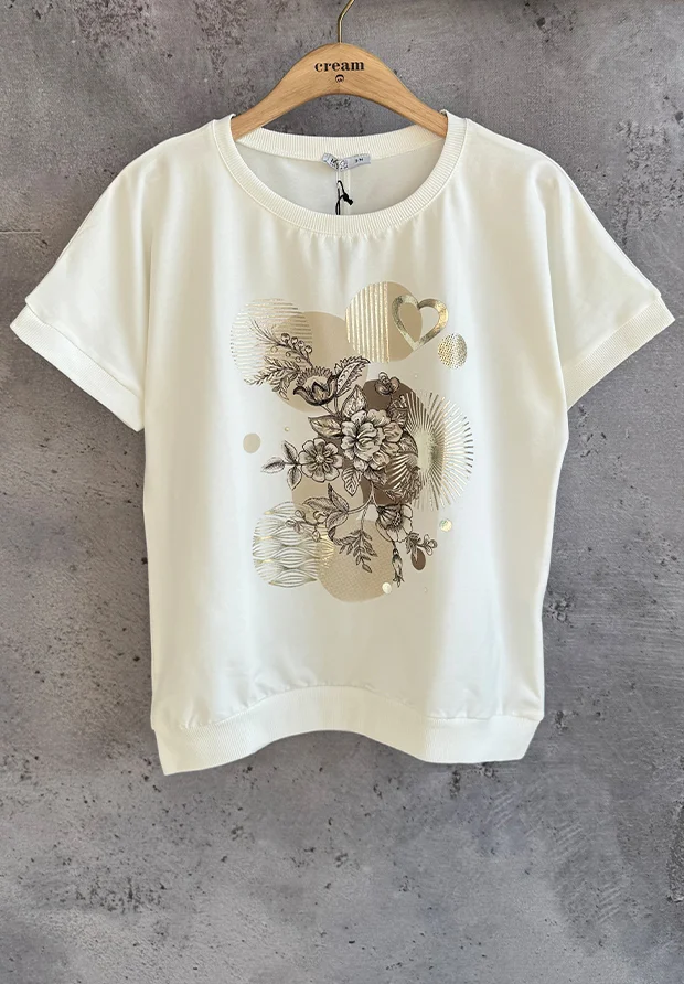 MEGI BIAŁA BLUZKA T-SHIRT Z NADRUKIEM W KWIATY / JASNY BEŻ & CAPPUCCINO / B3002