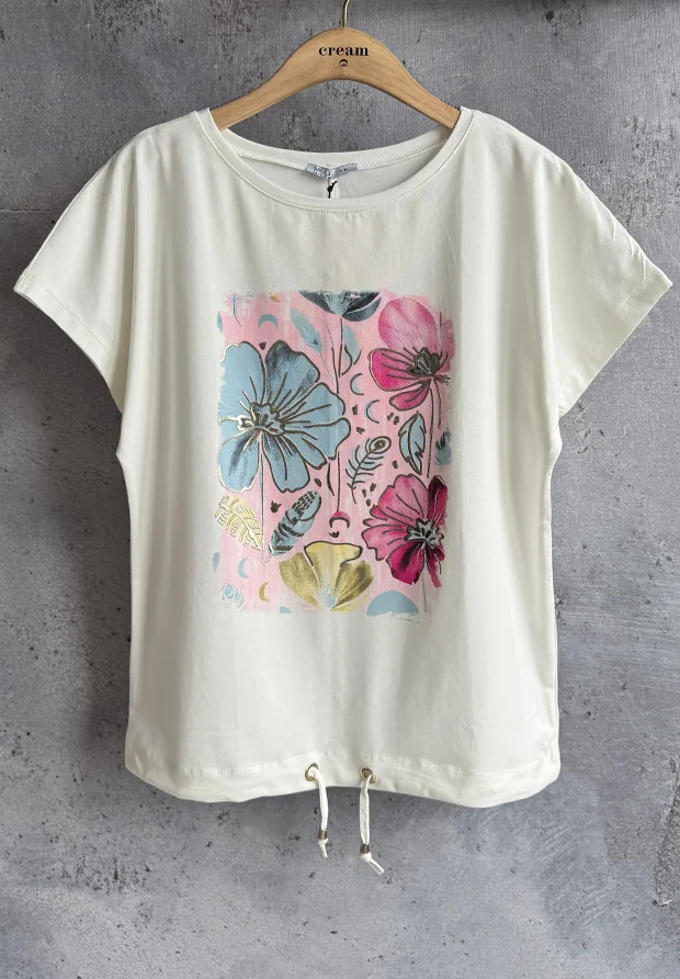 MEGI BIAŁA BLUZKA T-SHIRT W KWIATY / CUKIERKOWY RÓŻ & JASNO NIEBIESKI & FUKSJA / B2987