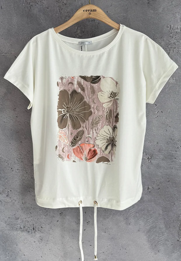 MEGI BIAŁA BLUZKA T-SHIRT W KWIATY / PUDROWO RÓŻOWY WRZOS & CAPPUCCINO & JASNY BEŻ / B2987