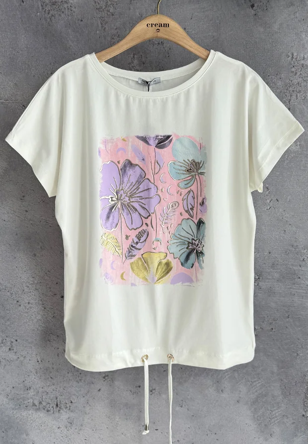 MEGI BIAŁA BLUZKA T-SHIRT W KWIATY / CUKIERKOWY RÓŻ & FIOLETOWY & JASNO NIEBIESKI / B2987