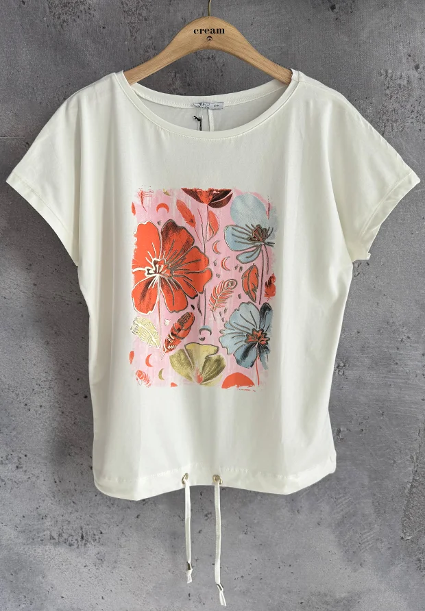 MEGI BIAŁA BLUZKA T-SHIRT W KWIATY / CUKIERKOWY RÓŻ & MANDARYNKA & JASNO NIEBIESKI / B2987