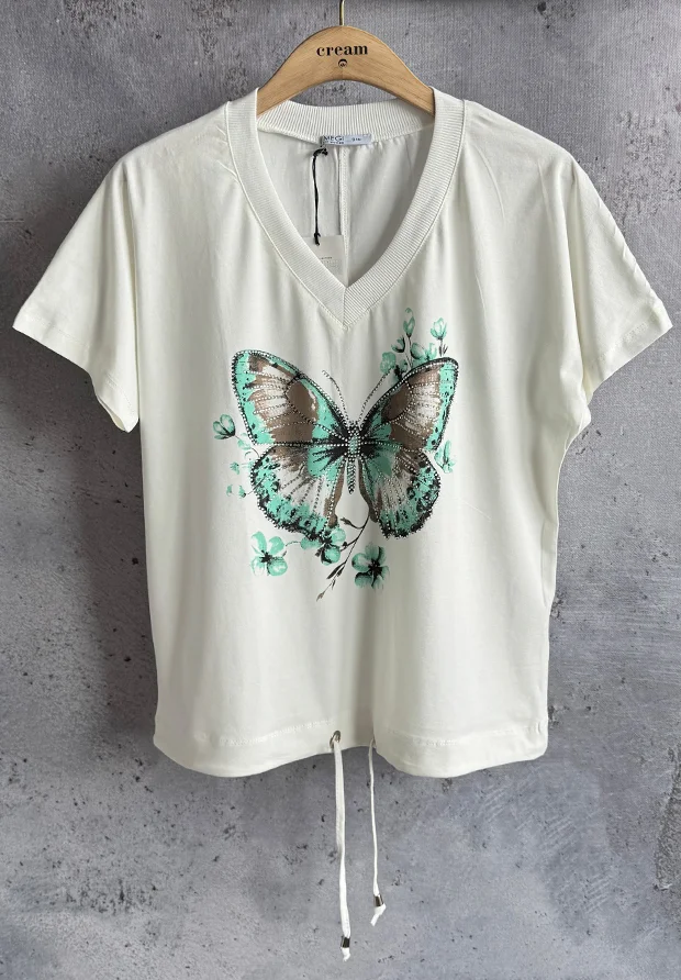 MEGI BIAŁA BLUZKA T-SHIRT W Z MOTYLEM / MIĘTA I CAPPUCCINO / B2989