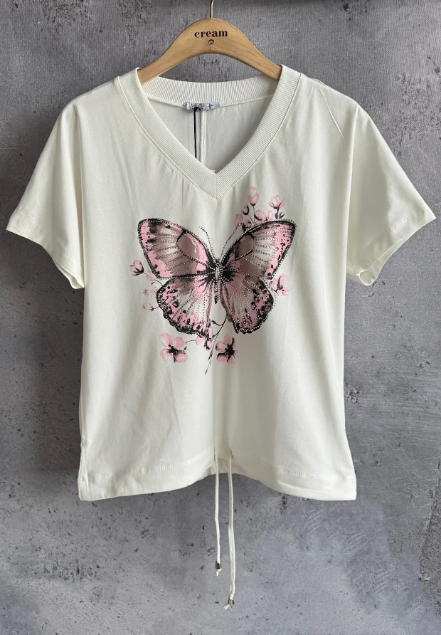 MEGI BIAŁA BLUZKA T-SHIRT W Z MOTYLEM / PUDROWO RÓŻOWY WRZOS & CUKIERKOWY RÓŻ / B2989 