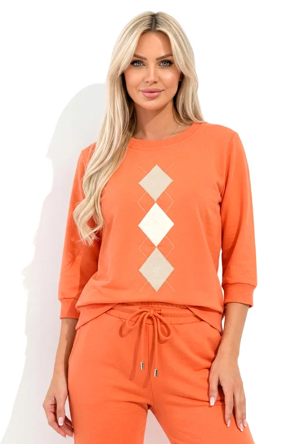 MEGI MANDARYNKOWA BLUZA W WELUROWE ROMBY / JASNY BEŻ & BIAŁY / B3009