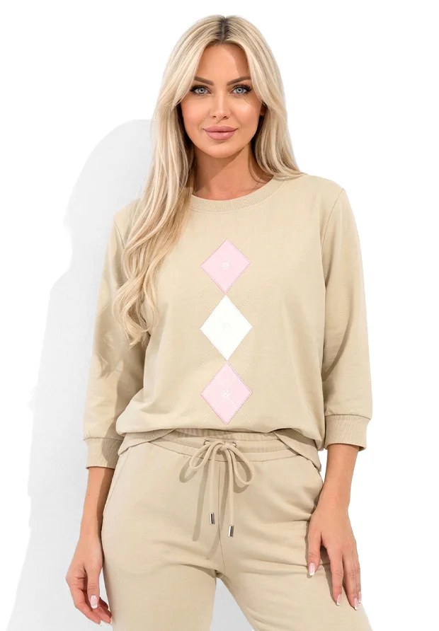 MEGI JASNO BEŻOWA BLUZA W WELUROWE ROMBY / CUKIERKOWY RÓŻ & BIAŁY / B3009