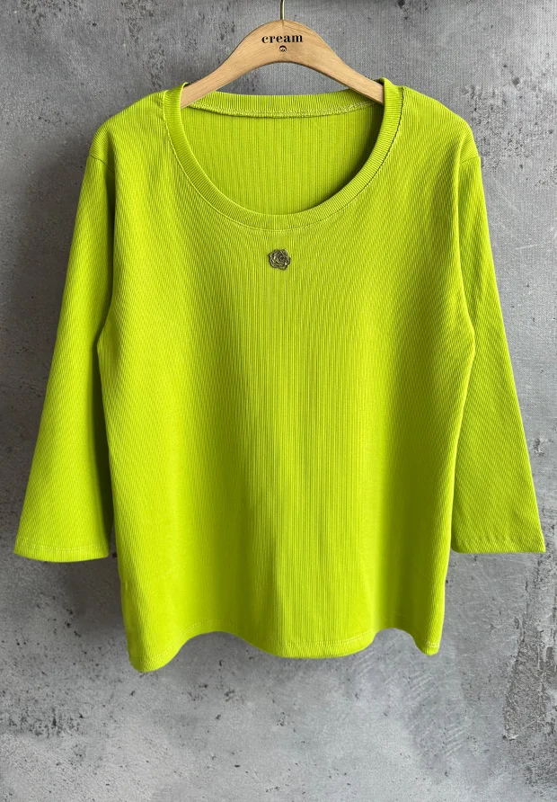 MEGI ZIELONE JABŁUSZKO PRĄŻKOWANA BLUZKA Z METALOWYM ZNACZKIEM / B1354