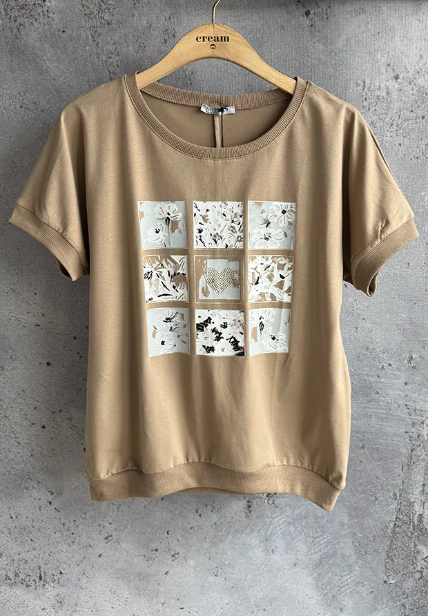 MEGI BLUZKA CAPPUCCINO Z NADRUKIEM / BIAŁY & JASNO SZARY / B1611