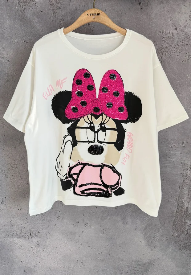 MEGI BIAŁA BLUZKA Z MYSZKĄ / FUKSJA & CUKIERKOWY RÓŻ / UNI / B2945