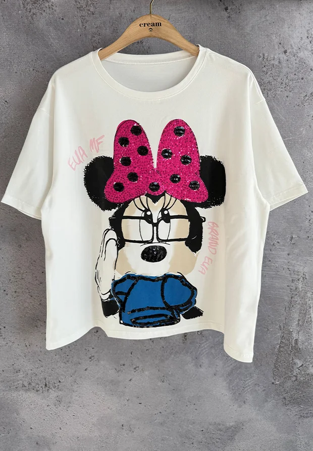 MEGI BIAŁA BLUZKA Z MYSZKĄ / FUKSJA & CHABROWY / UNI / B2945