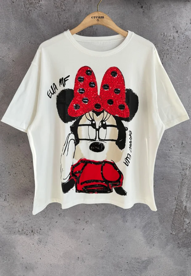 MEGI BIAŁA BLUZKA Z MYSZKĄ / CZERWONY & JASNY BEŻ / UNI / B2945