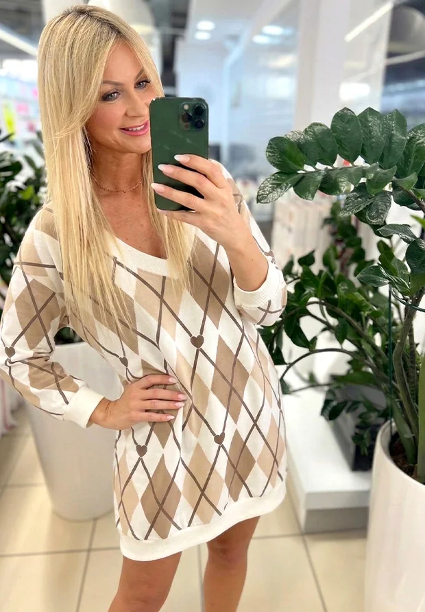 MEGI BIAŁA BLUZA TUNIKA W ROMBY I SERDUSZKA / JASNY BEŻ & CAPPUCCINO / UNI / B2939