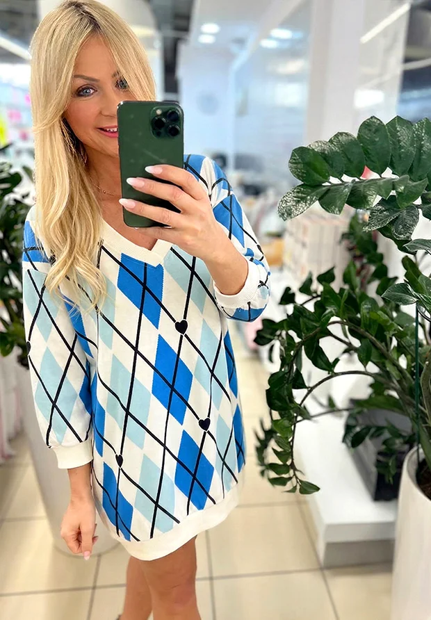 MEGI BIAŁA BLUZA TUNIKA W ROMBY I SERDUSZKA / CHABROWY & JASNO NIEBIESKI / UNI / B2939