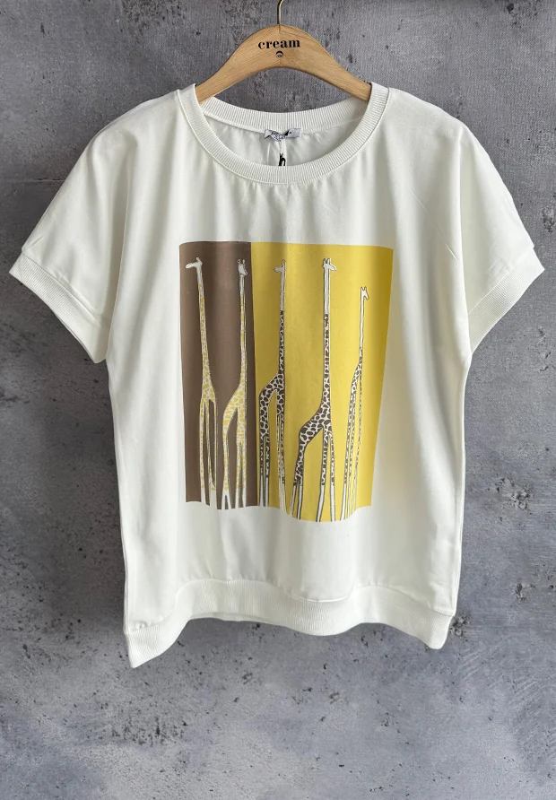 MEGI BIAŁA BLUZKA T-SHIRT W ŻYRAFY / CAPPUCCINO & BANAN / B2955
