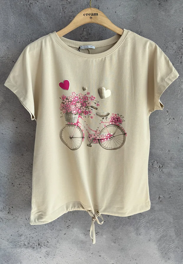MEGI JASNO BEŻOWA BLUZKA T-SHIRT Z FUKSJOWYM ROWEREM / B2930 
