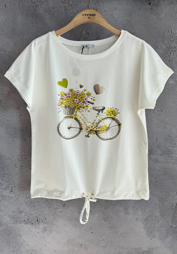 MEGI BIAŁA BLUZKA T-SHIRT Z LIMONKOWYM ROWEREM / B2930