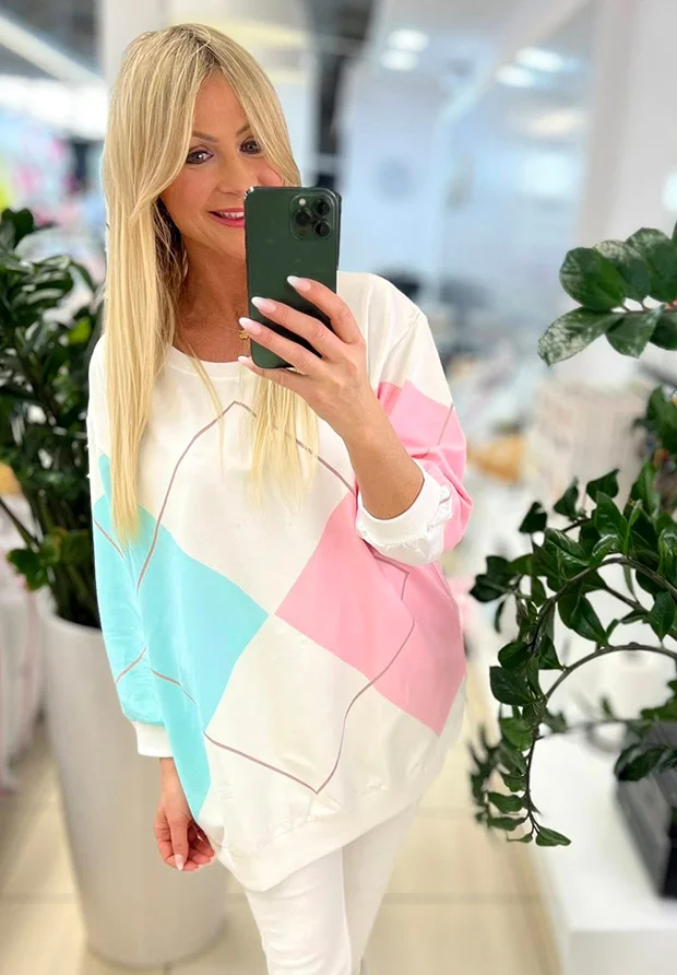 MEGI BIAŁA BLUZA W ROMBY / CUKIERKOWY RÓŻ & AQUA / PLUS SIZE / B2870