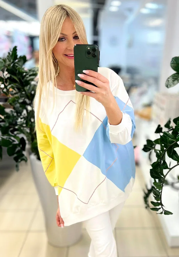 MEGI BIAŁA BLUZA W ROMBY / JASNO NIEBIESKI & BANANOWY / PLUS SIZE / B2870