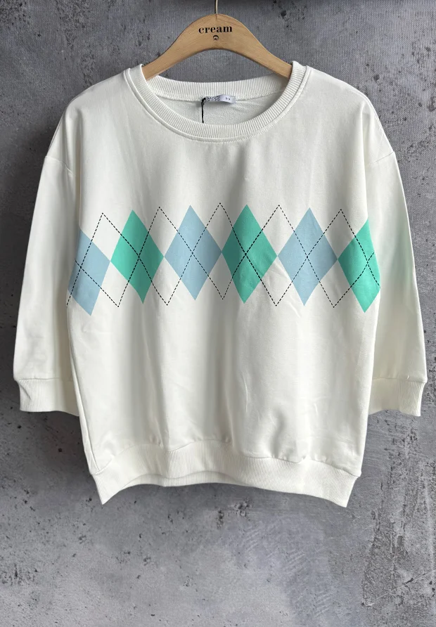 MEGI BIAŁA BLUZA W ROMBY / MIĘTA & JASNO NIEBIESKI / B2876