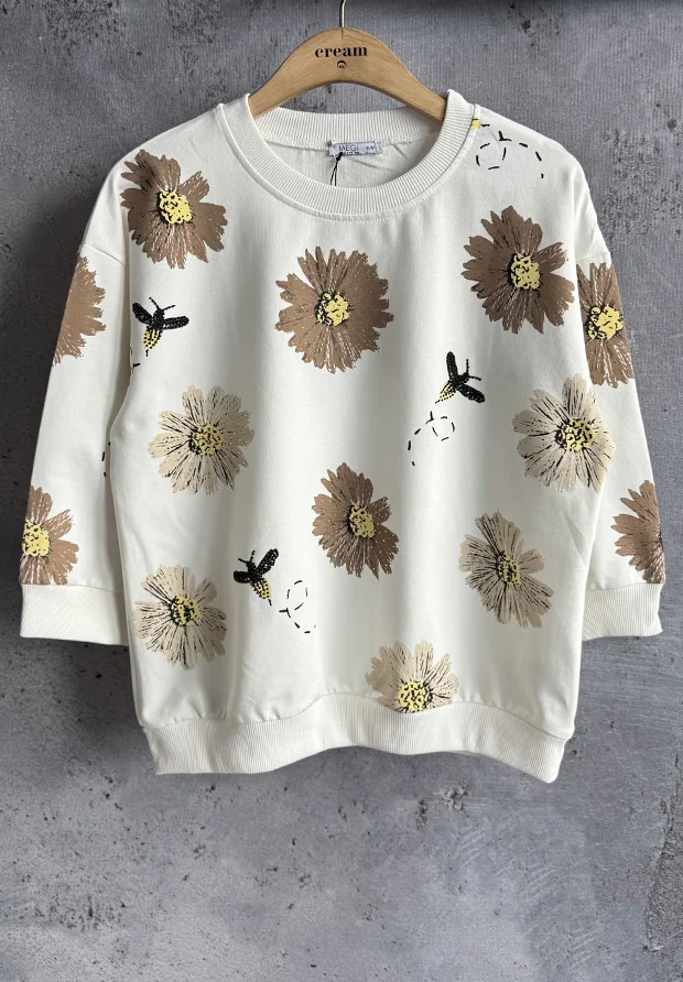 MEGI BIAŁA BLUZA Z KWIATOWYM NADRUKIEM / CAPPUCCINO & JASNY BEŻ / B2758 