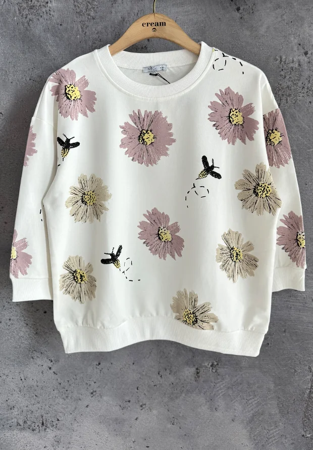 MEGI BIAŁA BLUZA Z KWIATOWYM NADRUKIEM / PUDROWO WRZOSOWY RÓŻ & JASNY RÓŻ/ B2758 