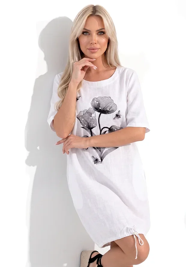 MADE IN ITALY LNIANA BIAŁA SUKIENKA OVERSIZE W KWIATY I PSZCZOŁY / UNI