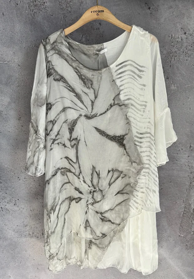 WŁOSKA JEDWABNA SUKIENKA 3D – ARTSTYCZNY MARMURKOWY WZÓR – SZARA – MADE IN ITALY