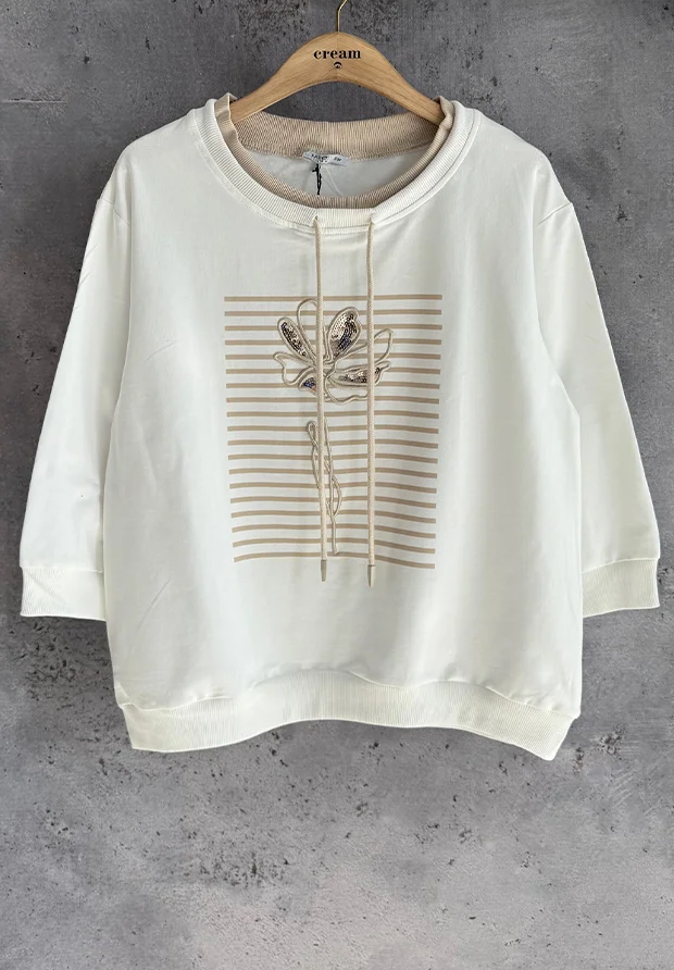 MEGI BIAŁA BLUZA Z JASNO BEŻOWYM HAFTOWANYM KWIATEM / M6018