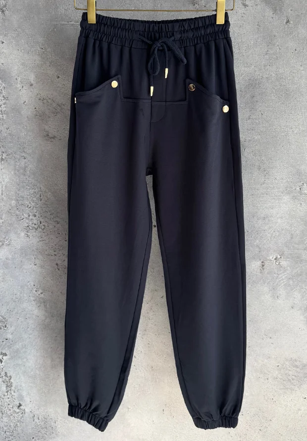 MEGI GRANATOWE SPODNIE DRESOWE ZE ZŁOTYMI NAPAMI / P1223 