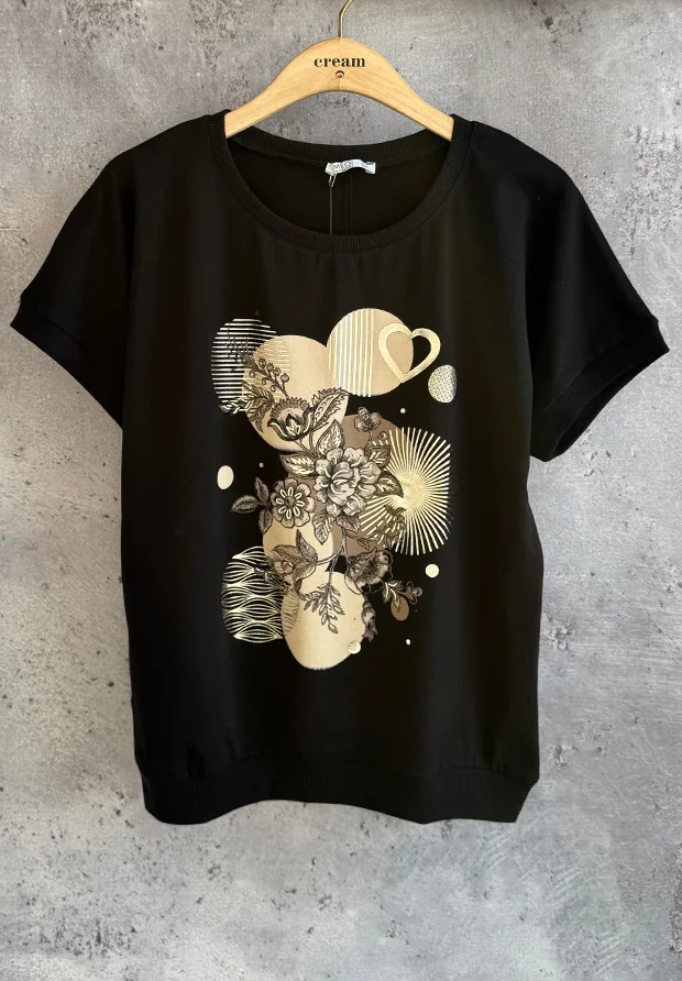 MEGI CZARNA BLUZKA T-SHIRT Z NADRUKIEM W KWIATY / JASNY BEŻ & CAPPUCCINO / B3002