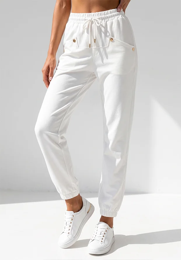 MEGI BIAŁE SPODNIE DRESOWE ZE ZŁOTYMI NAPAMI / P1223 