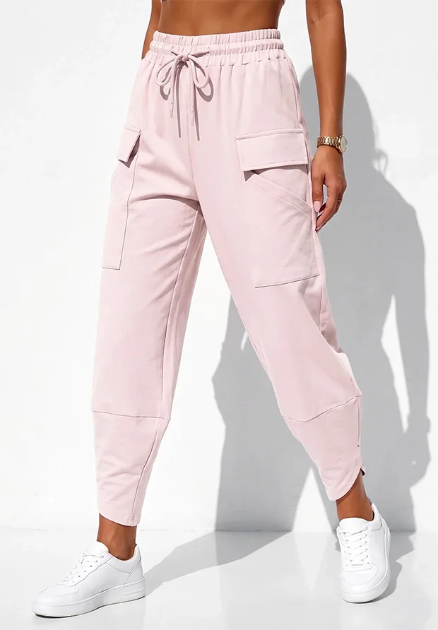 MEGI PUDROWO RÓŻOWE SPODNIE TULIPANY Z PATKAMI / P1207 