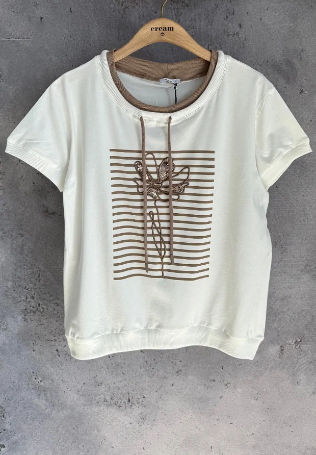  MEGI BIAŁA BLUZKA Z CAPPUCCINO HAFTOWANYM KWIATEM / B0007 