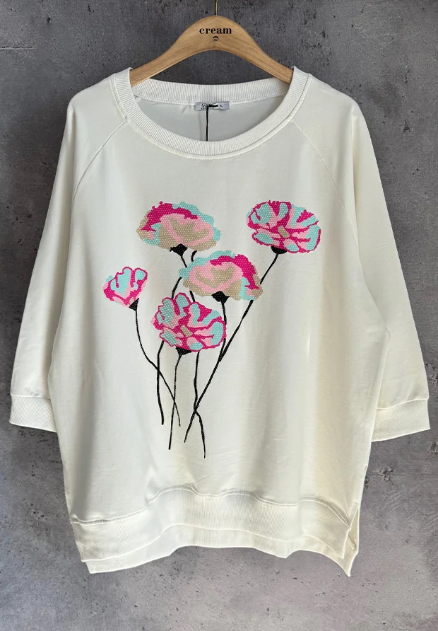 MEGI BIAŁA BLUZA Z APLIKACJĄ KWIATOWĄ I CYRKONIAMI / FUKSJA & AQUA & CUKIERKOWY RÓŻ / B3039
