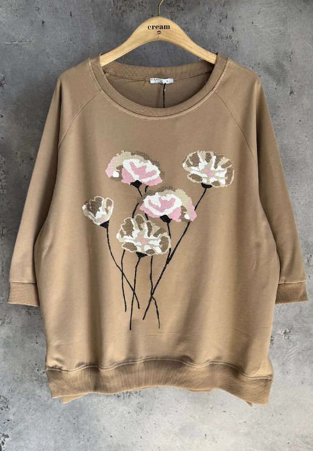 MEGI CAPPUCCINO BLUZA Z APLIKACJĄ KWIATOWĄ I CYRKONIAMI / CUKIERKOWY RÓŻ & JASNY BEŻ & BIAŁY / B3039 