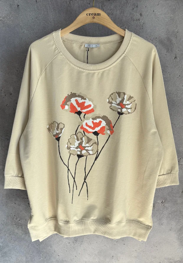 MEGI JASNO BEŻOWA BLUZA Z APLIKACJĄ KWIATOWĄ I CYRKONIAMI / MANDARYNKA & CAPPUCCCINO & BIAŁY / B3039 