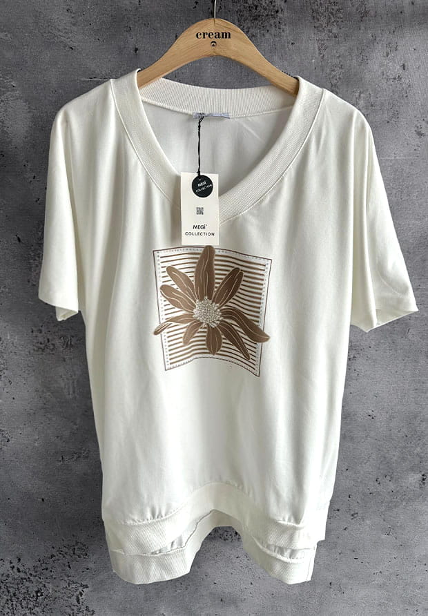 MEGI BIAŁA BLUZKA / CAPPUCCINO KWIAT & CYRKONIE / PLUS SIZE / B1961