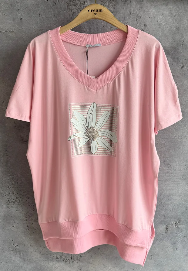 MEGI CUKIERKOWO RÓŻOWA BLUZKA / BIAŁY KWIAT & CYRKONIE / PLUS SIZE / B1961
