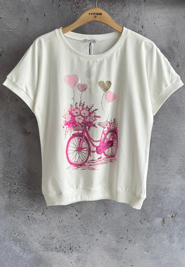 MEGI BIAŁA BLUZKA T-SHIRT Z FUKSJOWYM ROWEREM I BALONIKAMI / B3118