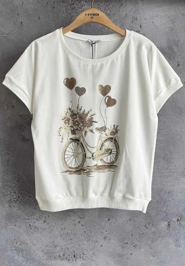 MEGI BIAŁA BLUZKA T-SHIRT Z CAPPUCCINO ROWEREM I BALONIKAMI / B3118