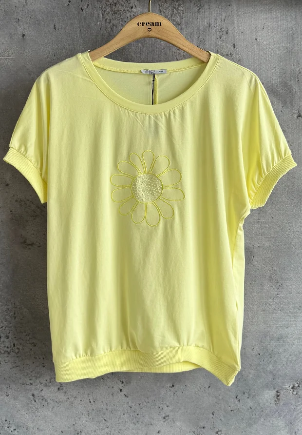 MEGI CYTRYNOWA BLUZKA T-SHIRT Z HAFTOWANYM KWIATEM I CYRKONIAMI / B3136 