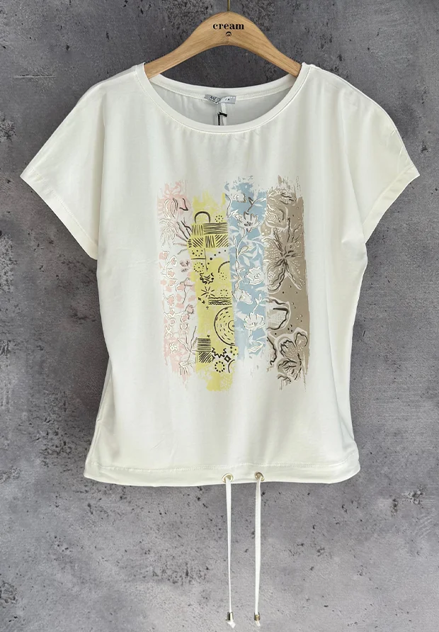 MEGI BIAŁA BLUZKA T-SHIRT ZE ZŁOTYM NADRUKIEM / PUDROWY RÓŻ & CYTRYNOWY & JASNO NIEBIESKI & JASNY BEŻ / B3135