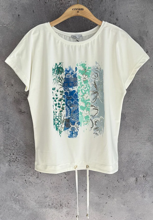 MEGI BIAŁA BLUZKA T-SHIRT ZE ZŁOTYM NADRUKIEM / ZIELONY & CHABROWY & MIĘTOWY & JASNO NIEBIESKI / B3135
