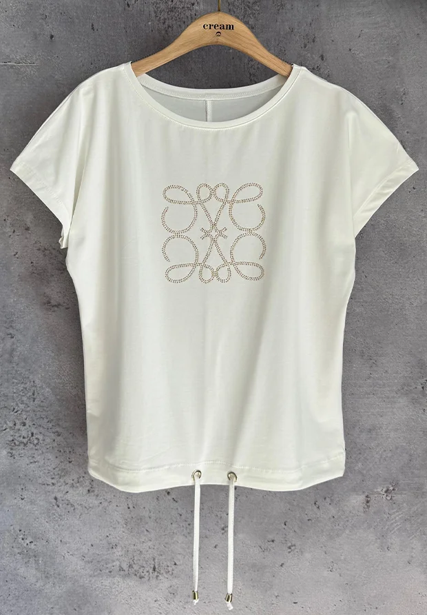 MEGI BIAŁA BLUZKA T-SHIRT ZE ZŁOTYM WZOREM Z DŻETÓW / B3151