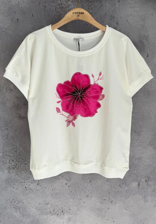 MEGI BIAŁA BLUZKA T-SHIRT Z FUKSJOWYM KWIATEM ZDOBIONYM CYRKONIAMI / B3143