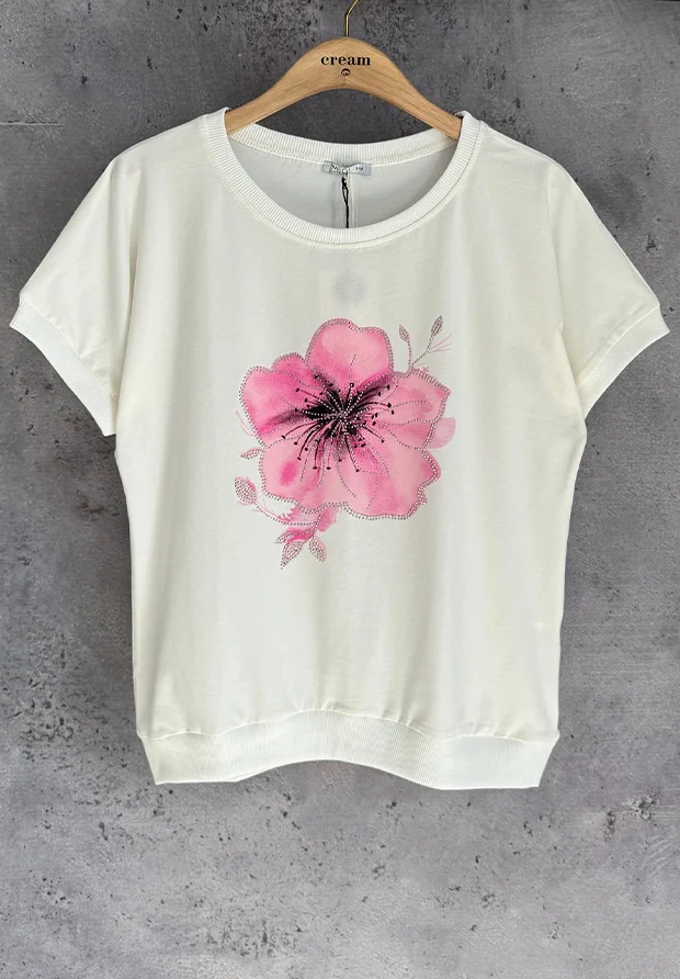 MEGI BIAŁA BLUZKA T-SHIRT Z CUKIERKOWO RÓŻOWYM KWIATEM ZDOBIONYM CYRKONIAMI / B3143