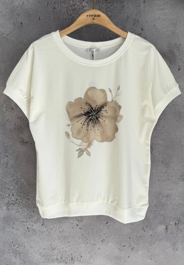 MEGI BIAŁA BLUZKA T-SHIRT Z JASNO BEŻOWYM KWIATEM ZDOBIONYM CYRKONIAMI / B3143