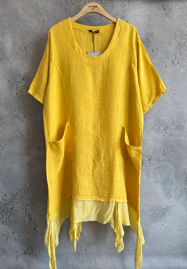 MADE IN ITALY WŁOSKA LNIANA ŻÓŁTA SUKIENKA OVERSIZE / UNI 