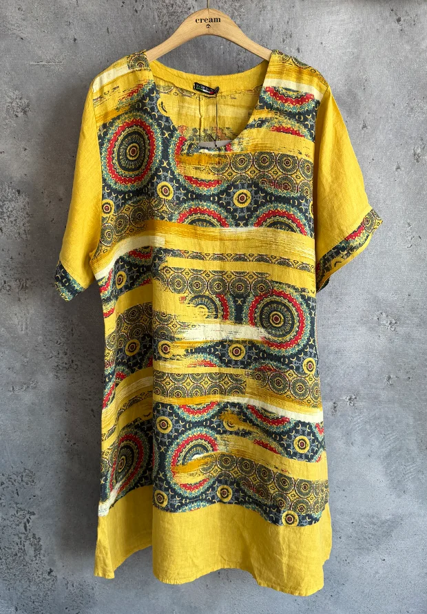 MADE IN ITALY WŁOSKA LNIANA ŻÓŁTA SUKIENKA Z ETNICZNYM WZOREM OVERSIZE / UNI 