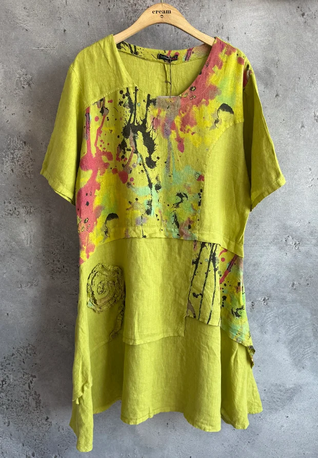 MADE IN ITALY WŁOSKA LNIANA ZIELONA SUKIENKA Z ARTYSTYCZNYM WZOREM OVERSIZE / UNI 